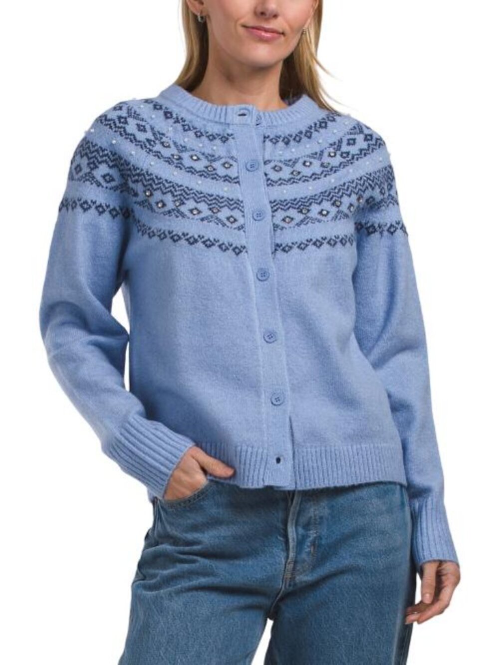 BB DAKOTA Crew Neck Fair Isle Sweater With Faux Pearls And Rhinestones